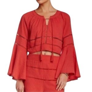Free People Boho Bell-Sleeve Peasant Top Blouse Red Lace Inset Tie Neck – Size M